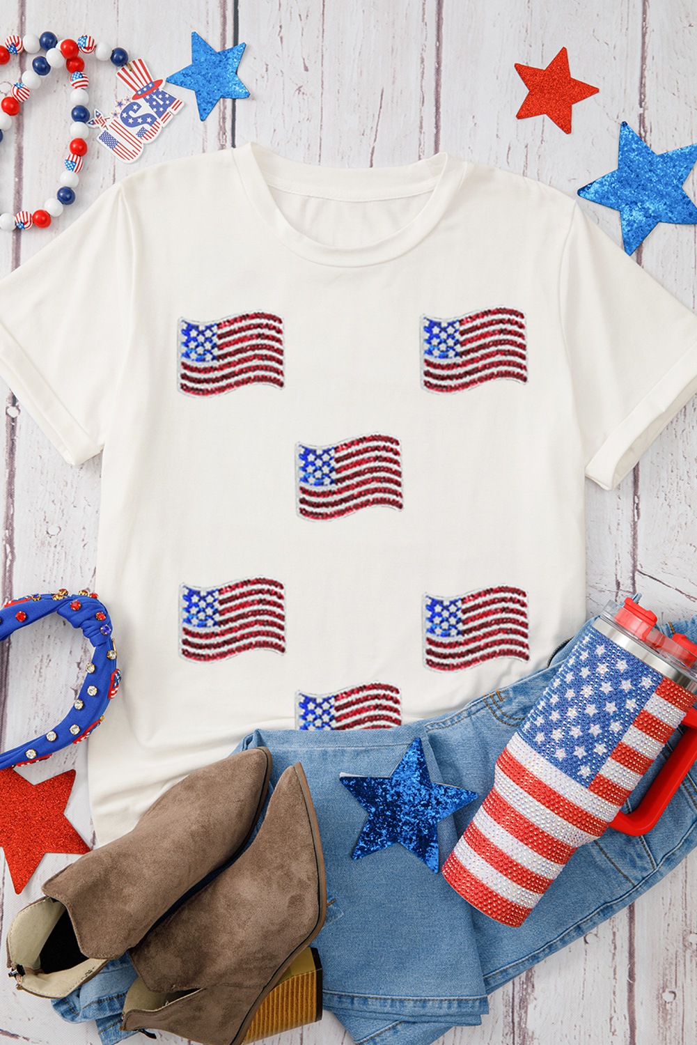 White Sequin American Flag Patched Casual T Shirt