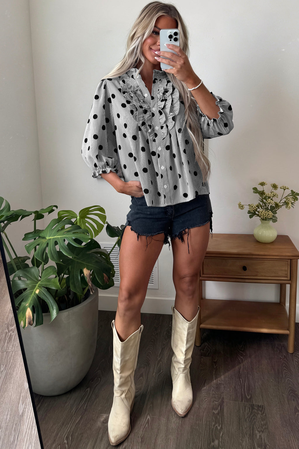 Sky Blue Polka Dot Print Ruffle Stand Neck 3/4 Sleeve Shift Shirt