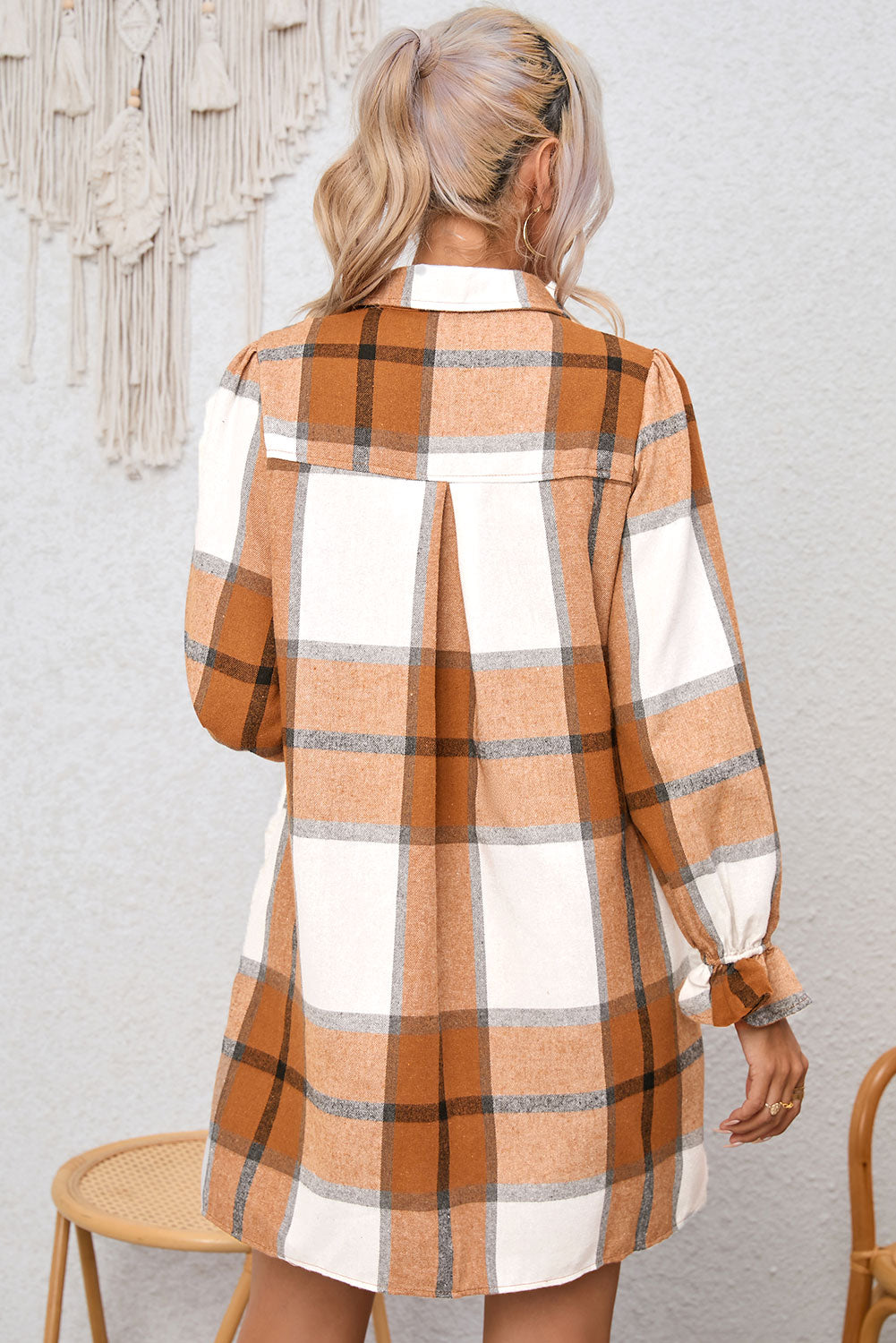 Khaki Plaid Pattern Shirt Dress