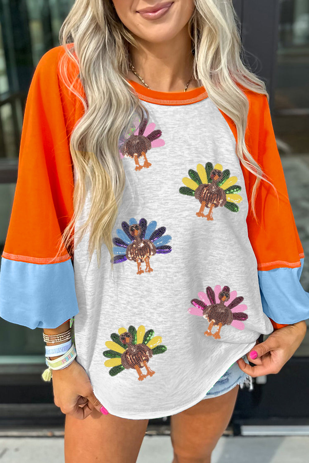 Light Grey Thanksgiving Turkey Sequin Top