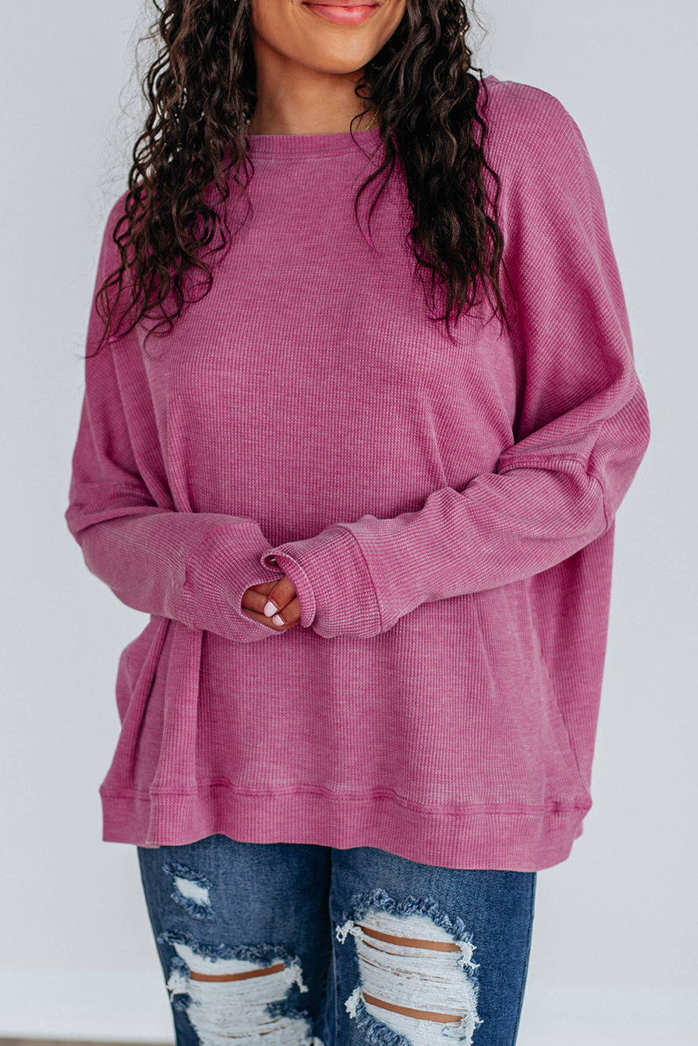 Bright Pink Waffle Knit Patchwork Long Sleeve Loose Top