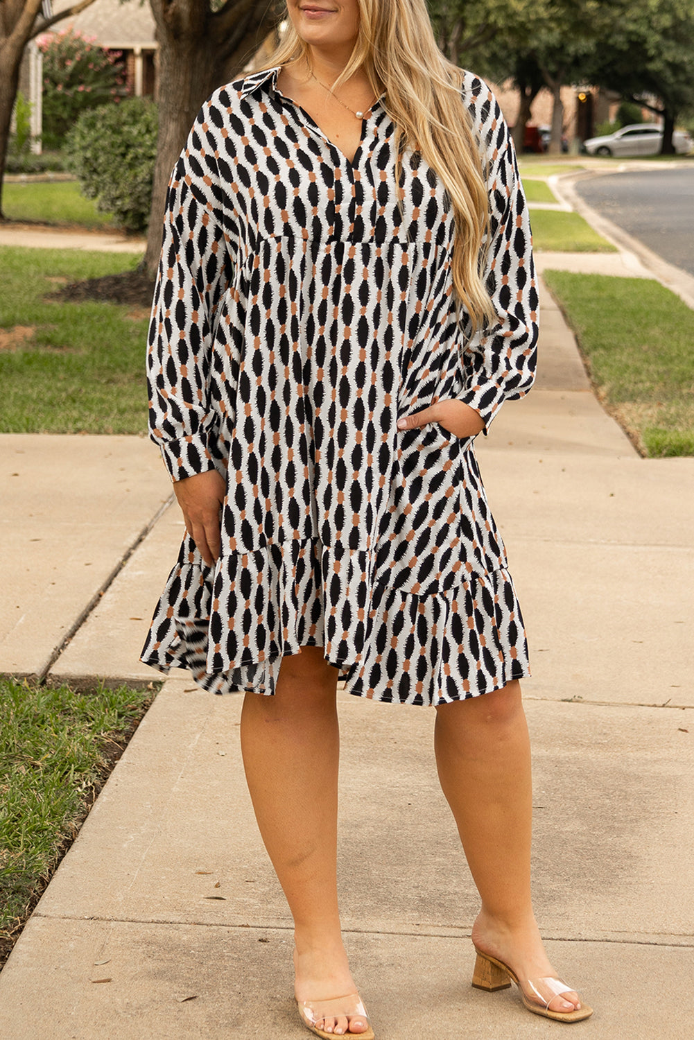 Apricot Geometric Print Plus Size Mini Dress