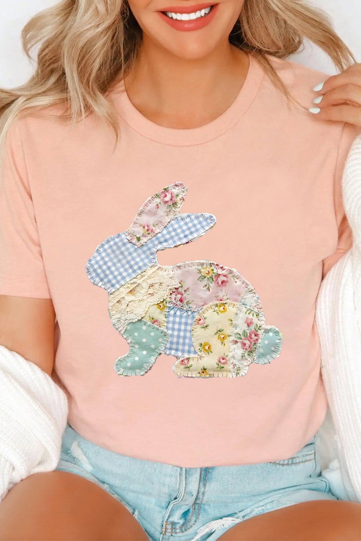 Pink Vibrant Easter Bunny Patchwork Printed T Shirt