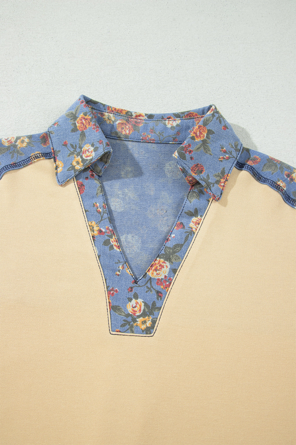 Apricot Floral Denim Long Sleeve Pullover Top