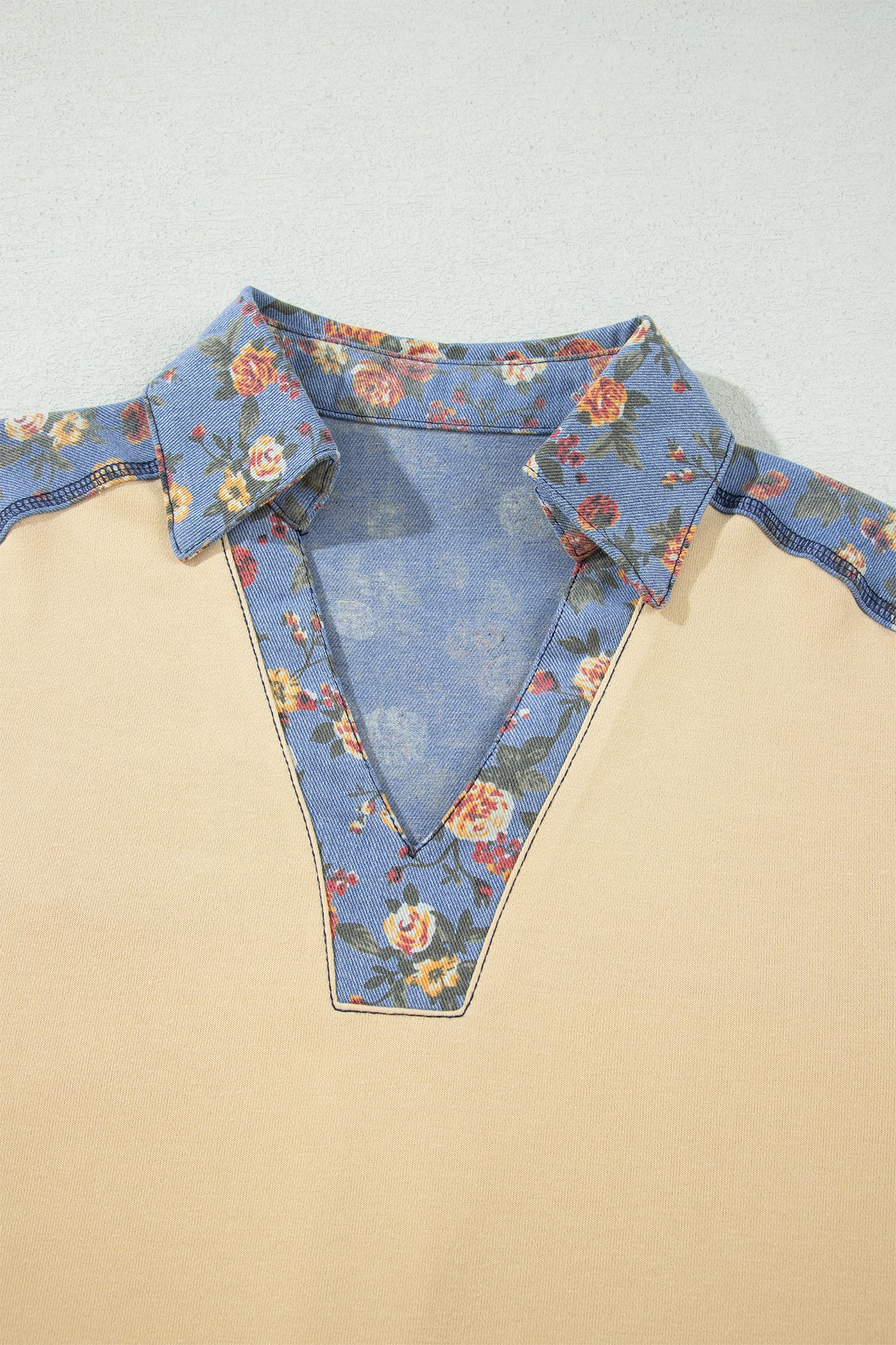 Apricot Floral Denim Long Sleeve Pullover Top