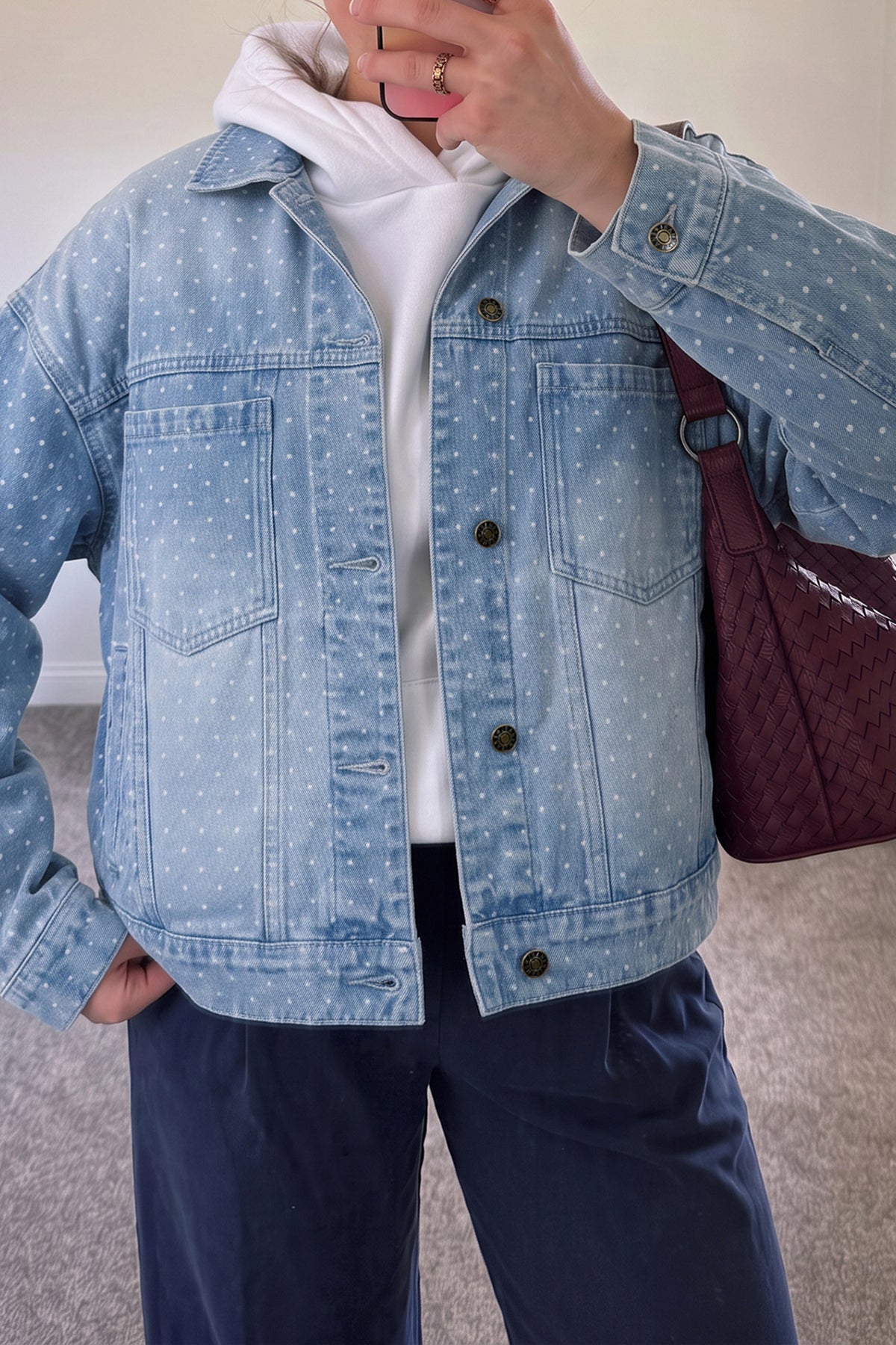 Sky Blue Polka Dot Long Sleeve Denim Jacket