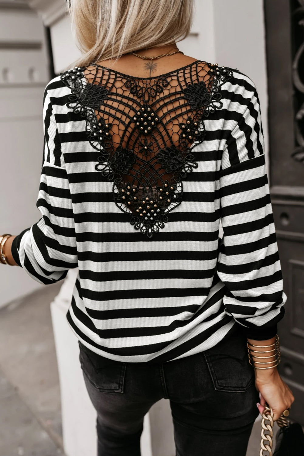 Black Stripe Crochet Hollow-out Top