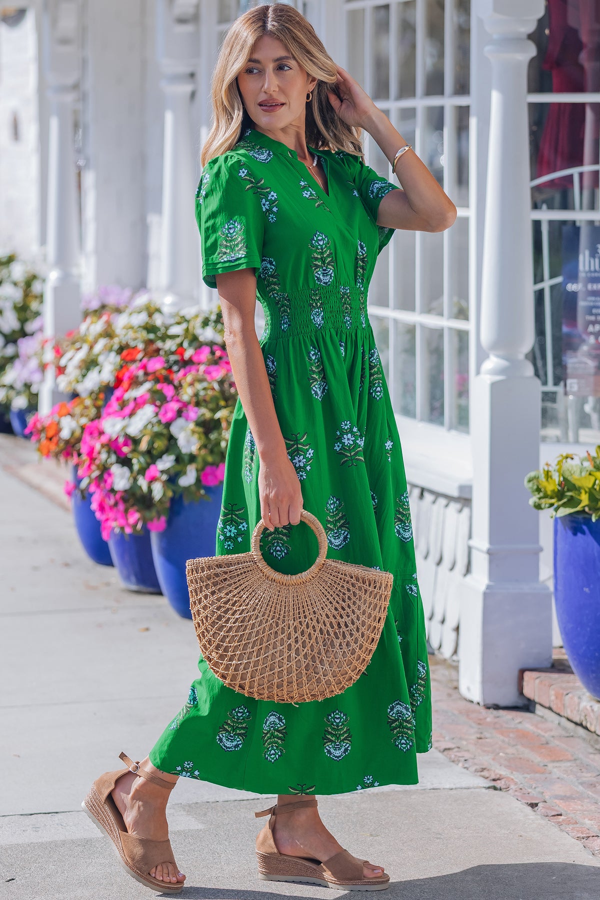 Green Floral Print Split Neck Shirred High Waist Ruffle Hem Maxi Dress