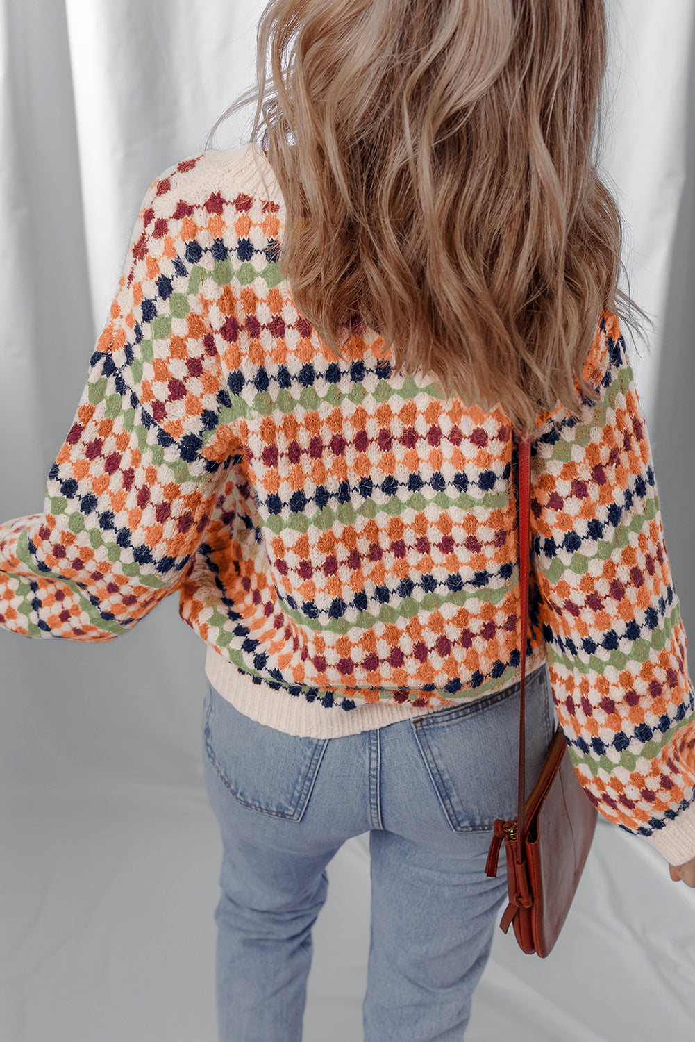 Multicolour Dotty Striped Pattern Knit Drop Shoulder Sweater