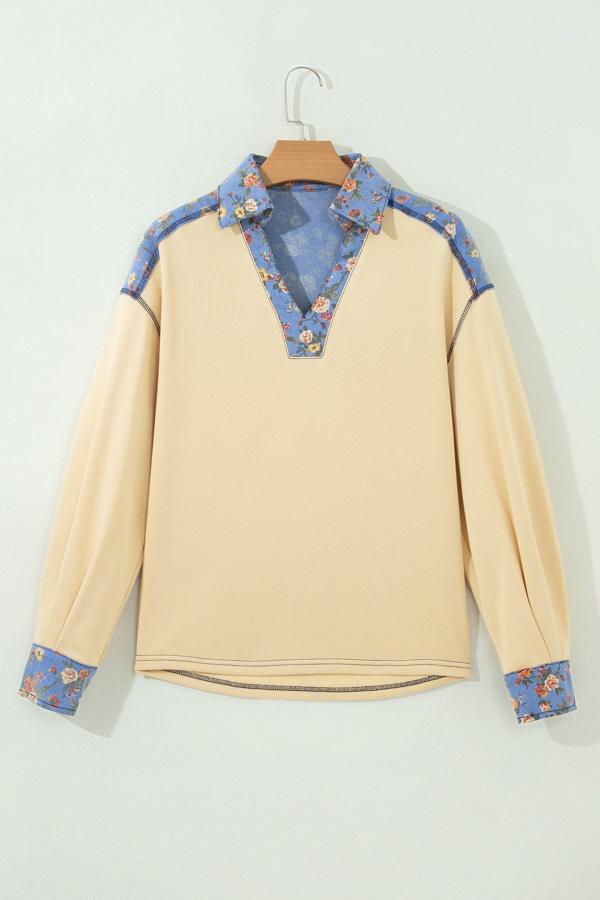 Apricot Floral Denim Long Sleeve Pullover Top