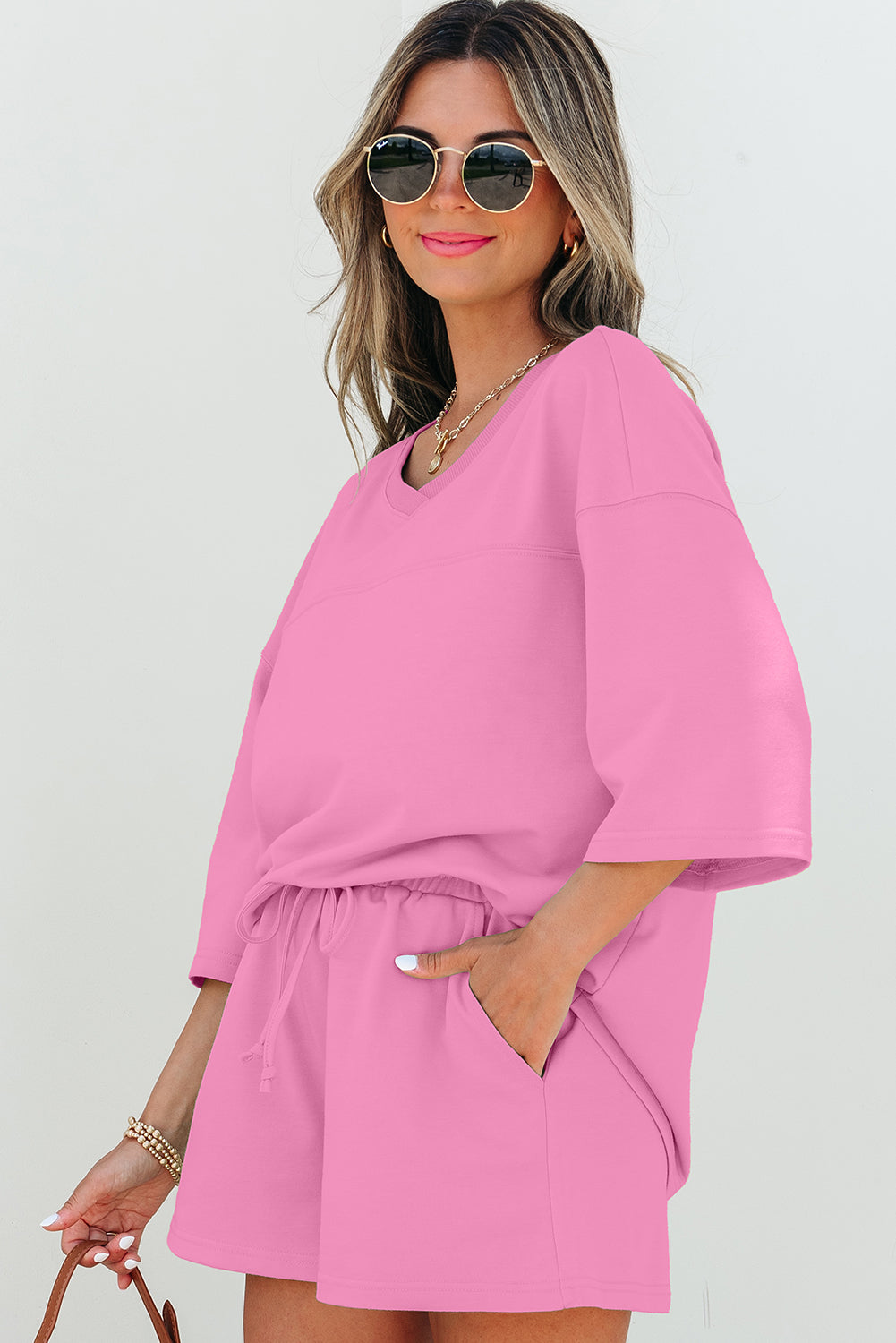 Bonbon Solid Loose V Neck Half Sleeve Tee and Shorts
