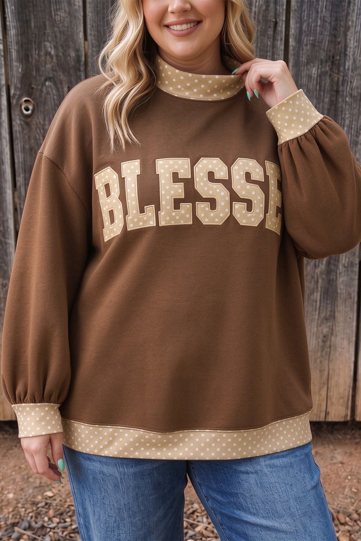Coffee Plus Size Polka Dot Trim Sweatshirt