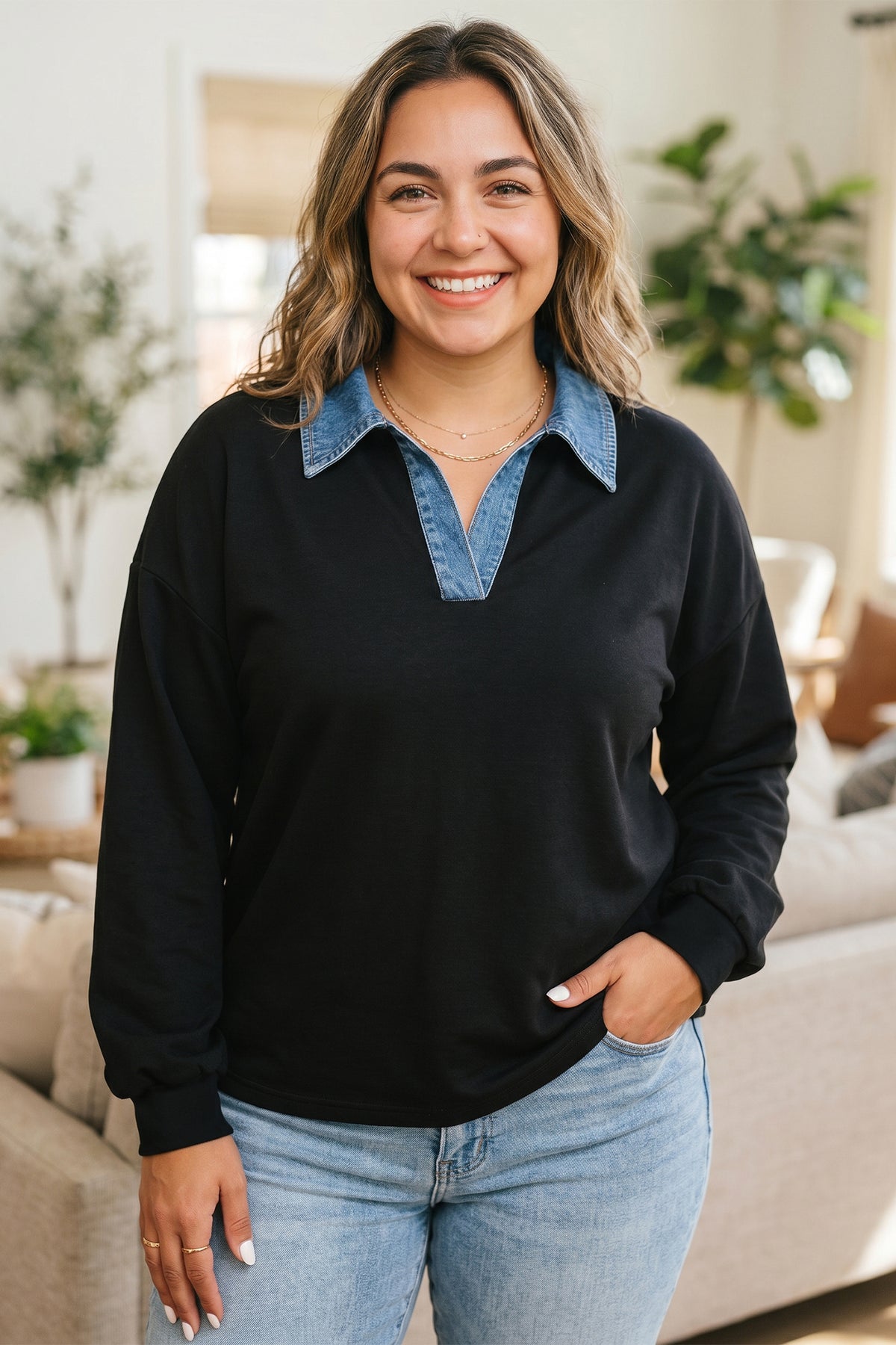Black Plus Size V-Neck Blouse