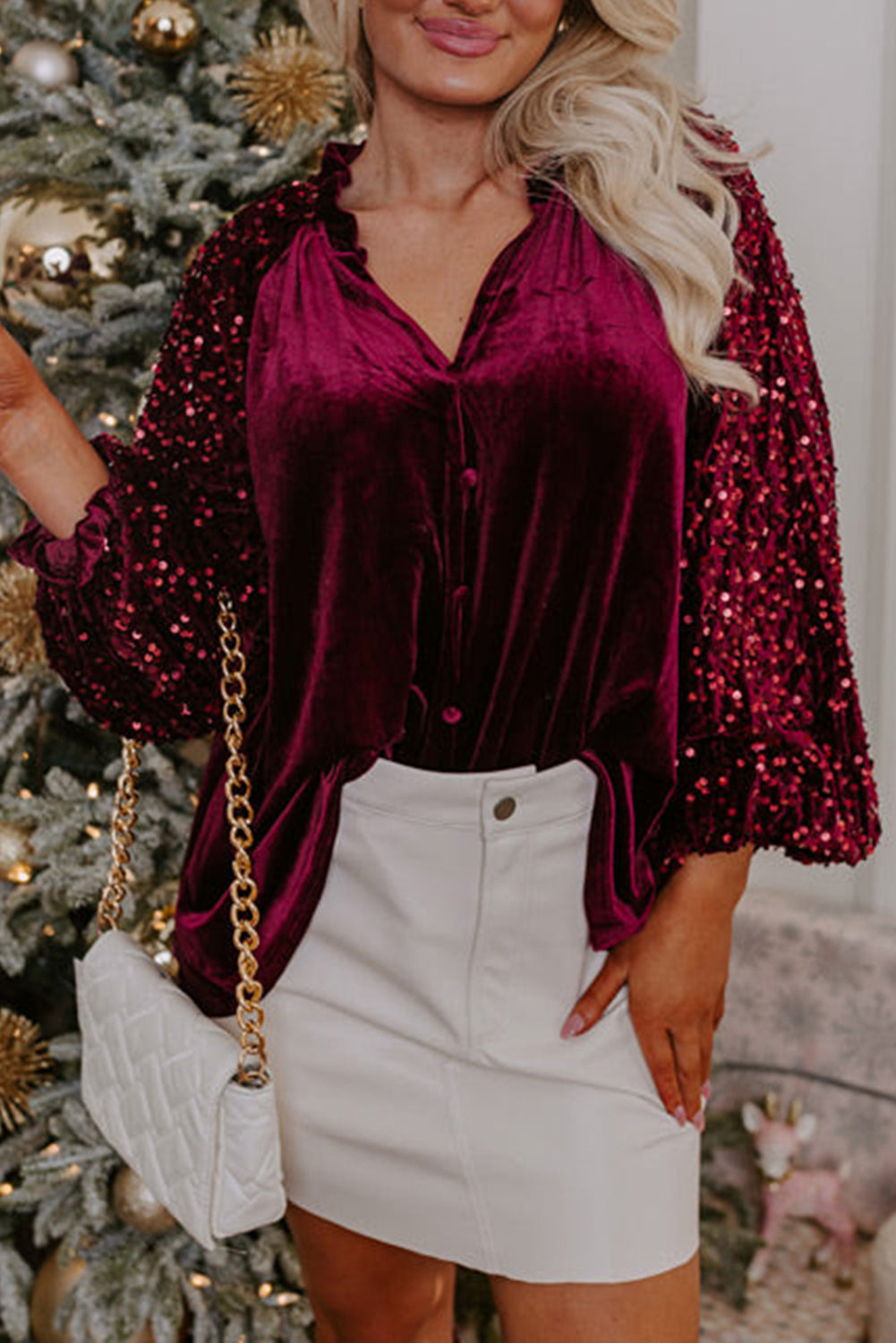 Red Dahlia Sequin Patchwork Button Up Velvet Top