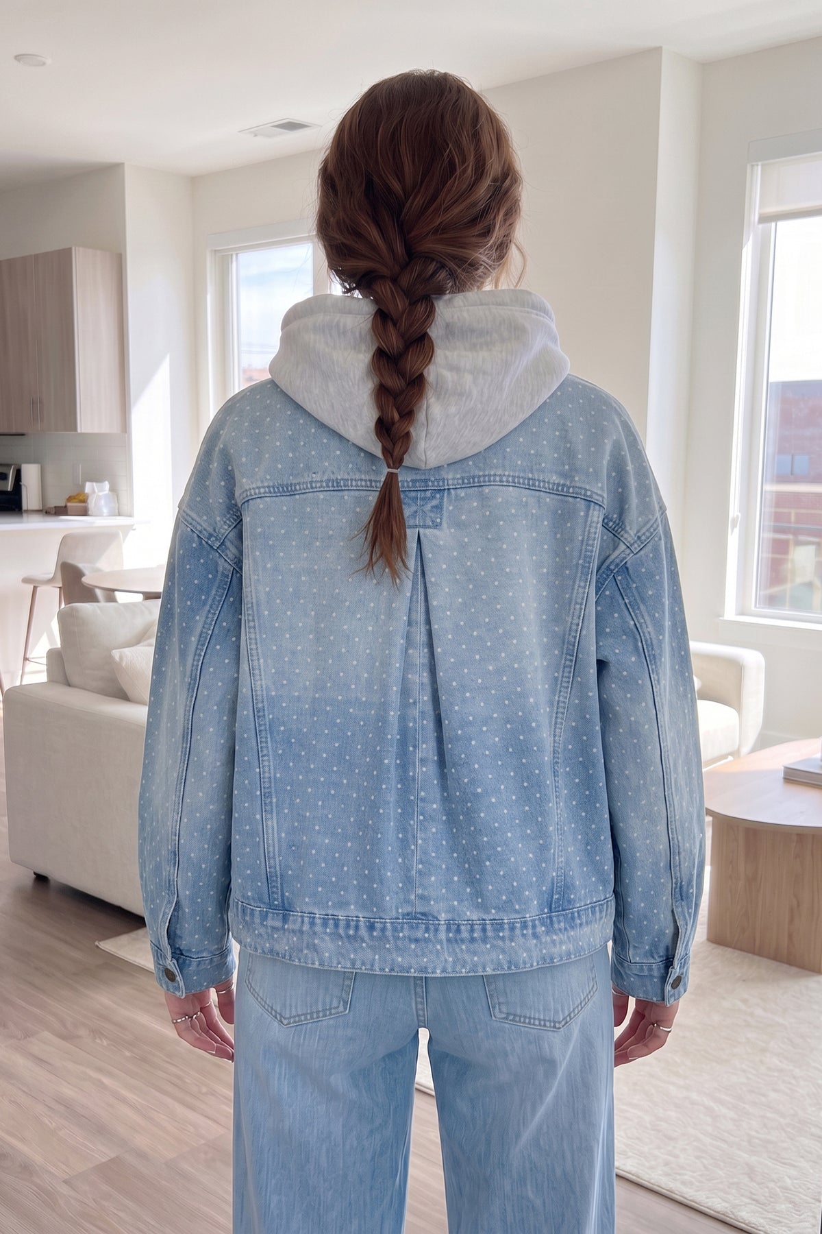 Sky Blue Polka Dot Long Sleeve Denim Jacket
