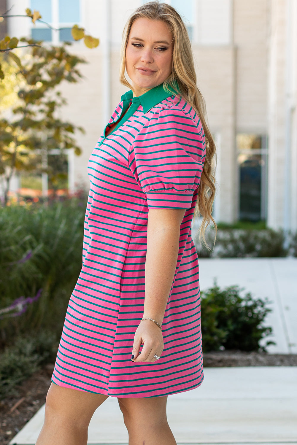 Rose Stripe Collared V Neck Puff Sleeve Shift T Shirt Dress with Pockets