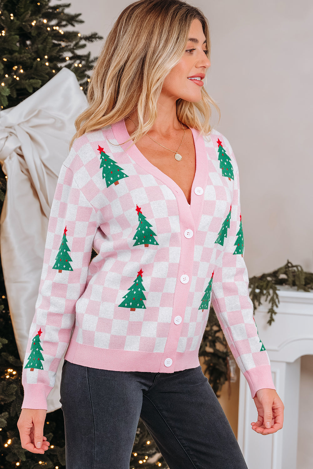 Pink Checkered Christmas Tree Pattern Button V Neck Cardigan Sweater