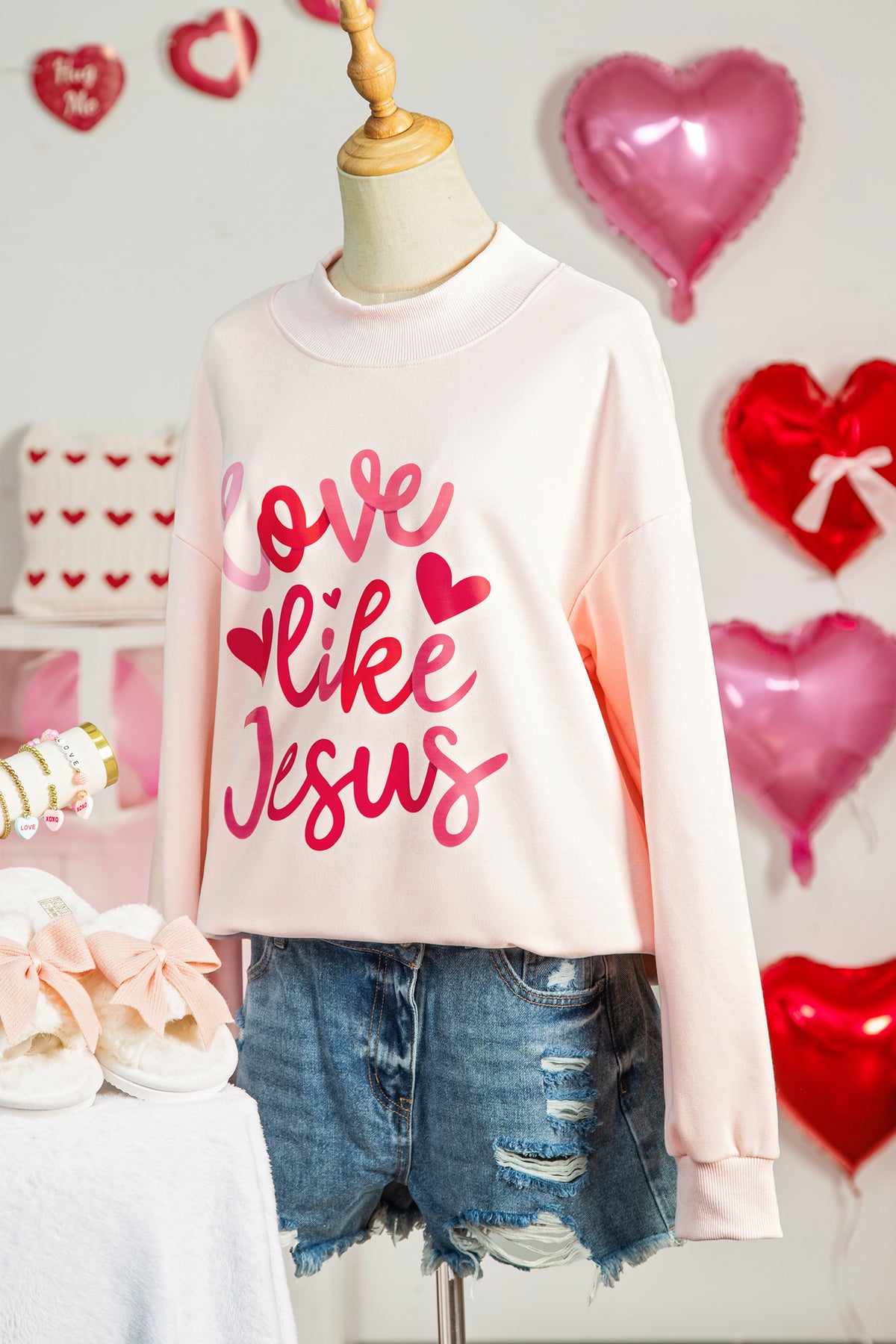 Light Pink love like Jesus Valentines Day Mock Neck Sweatshirt