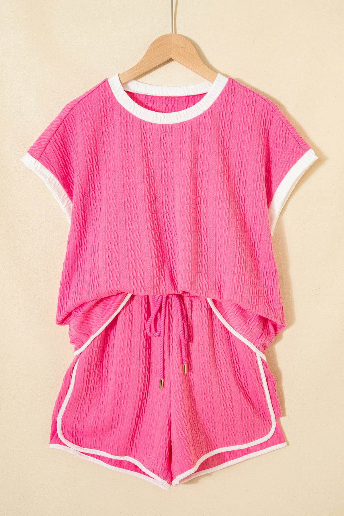 Bright Pink Textured Color Block Trim Loose Tee Drawstring Shorts 2pcs Set