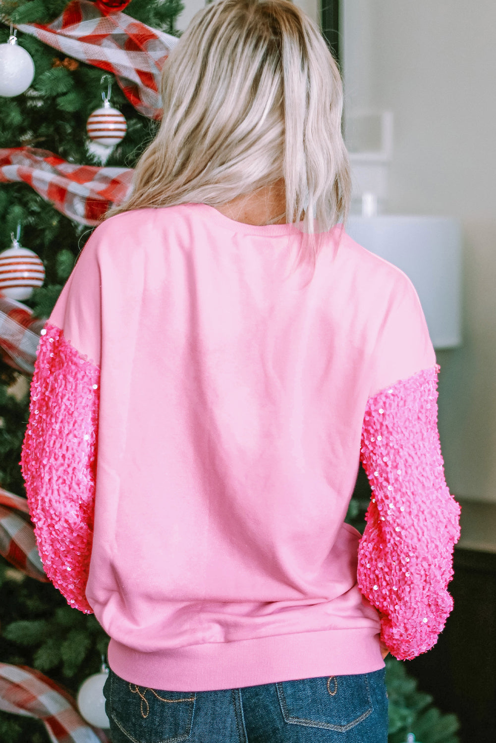 Pink Sequin Long Sleeve Pullover Top