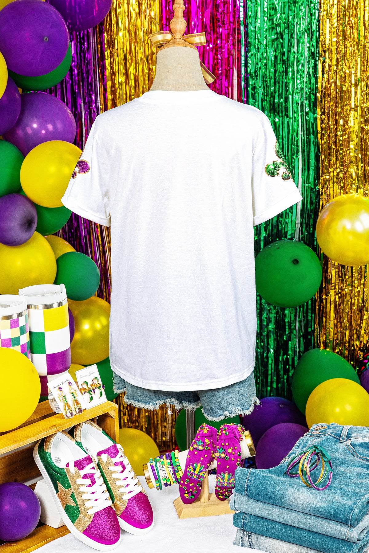 White Mardi Gras Fleur De Lis Sequin Graphic T Shirt