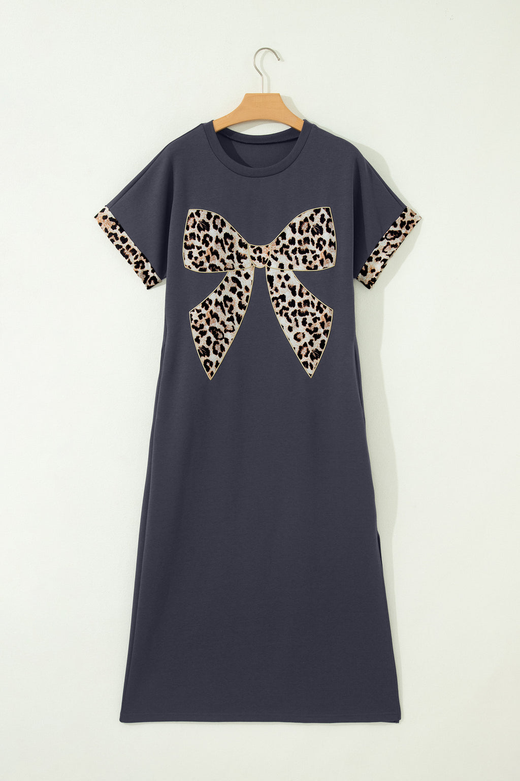 Dark Grey Leopard Bow T Shirt Long Dress