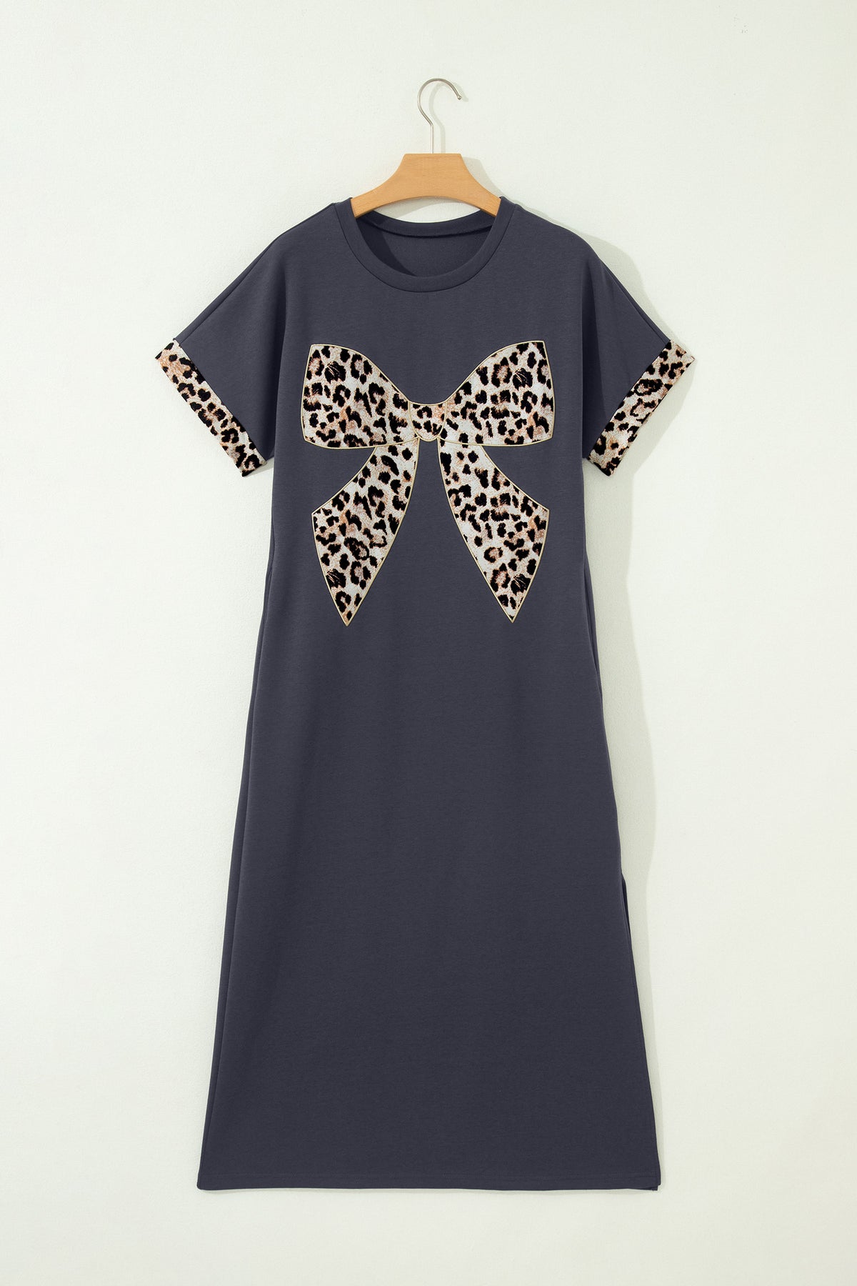 Dark Grey Leopard Bow T Shirt Long Dress