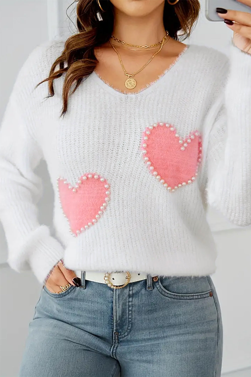 White Pearl Beaded Sweater