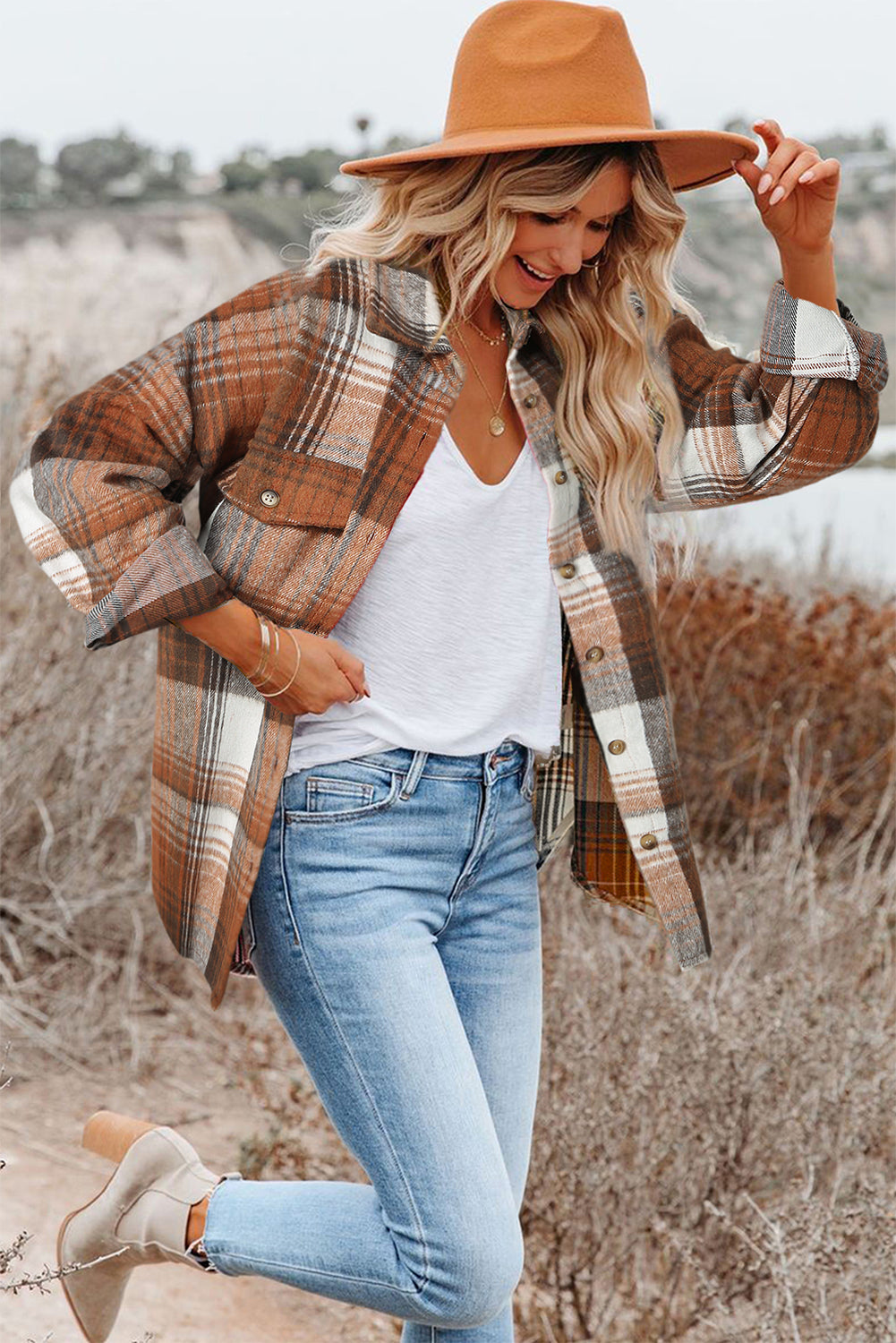 Pink Plaid Flap Pockets Shacket