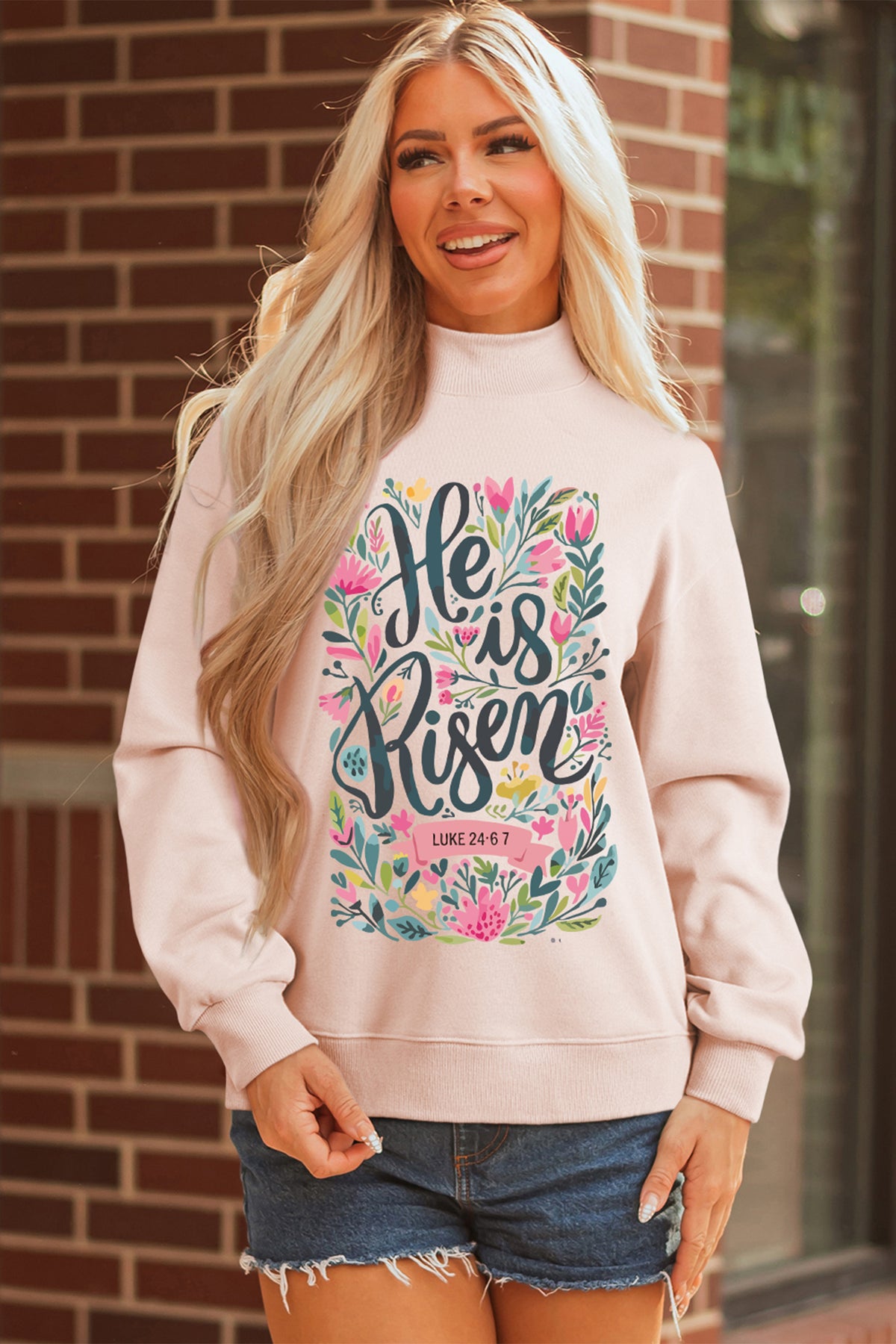 He is Risen Floral Christian Easter Mock Neck Sweatshirt