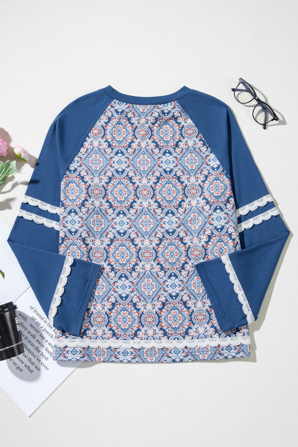 Blue Geometric Printed Lace Long Sleeve Top