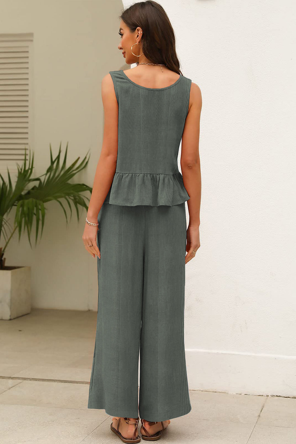 Duffel Green Solid Color Ribbed Ruffle Tank Top and Pants Set