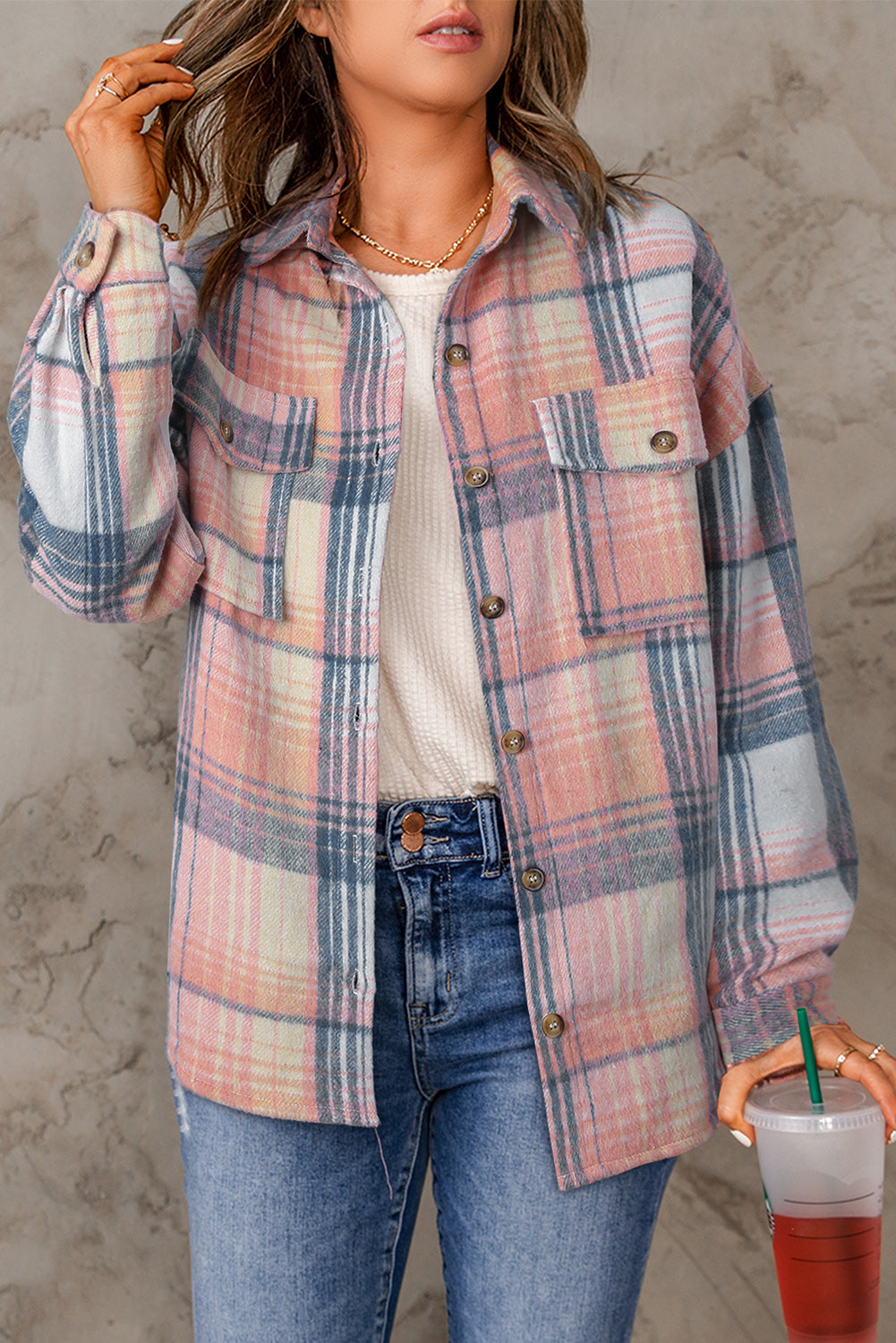 Pink Plaid Flap Pockets Shacket
