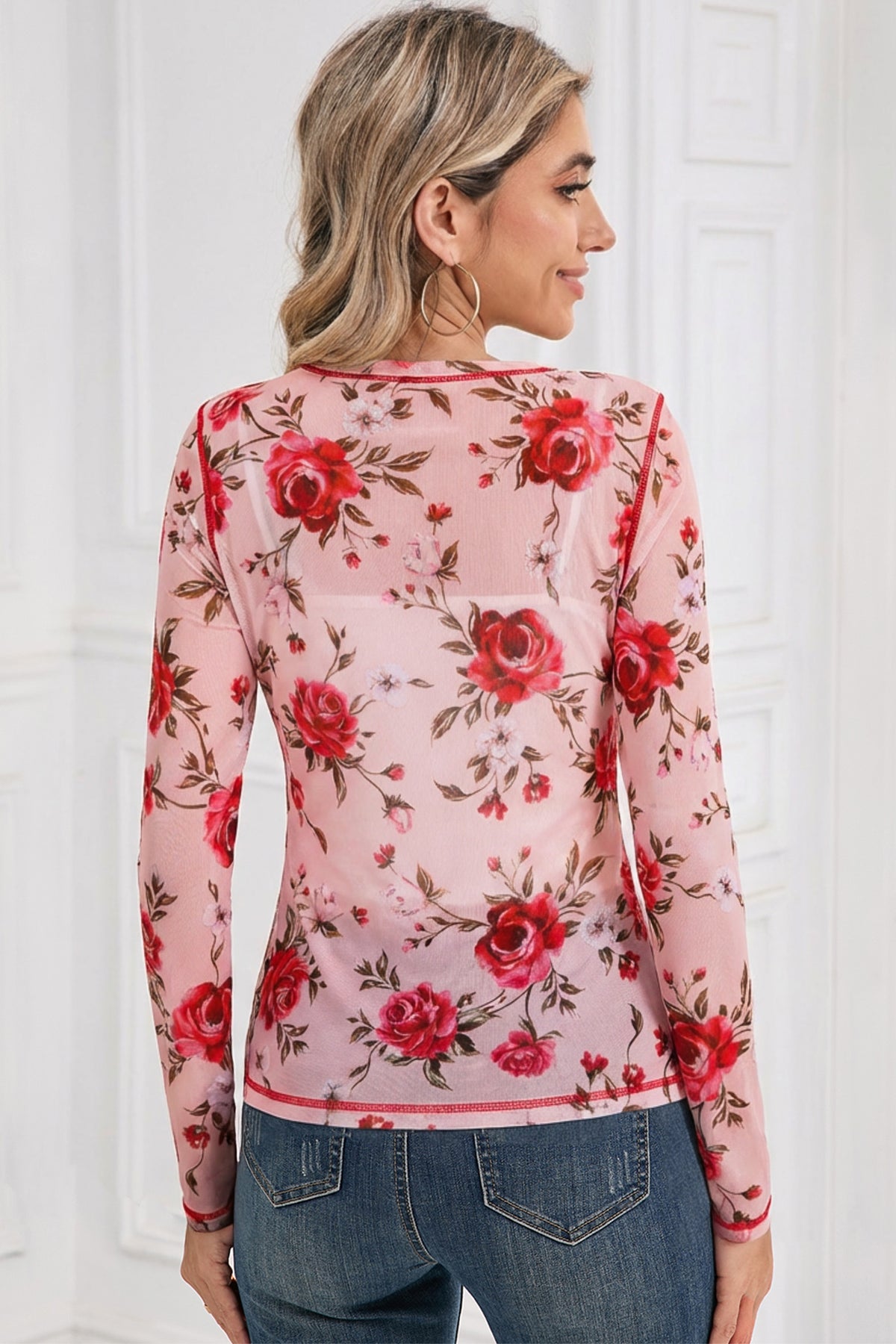 Pink Floral Print Exposed Seam Detail Mesh Long Sleeve Top