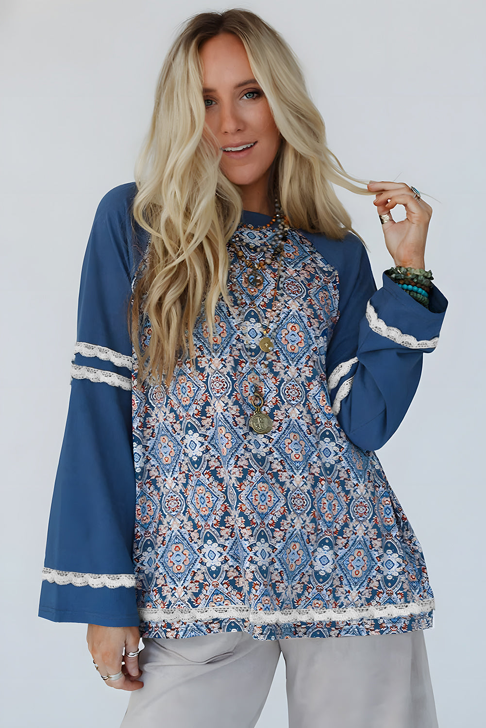 Blue Geometric Printed Lace Long Sleeve Top