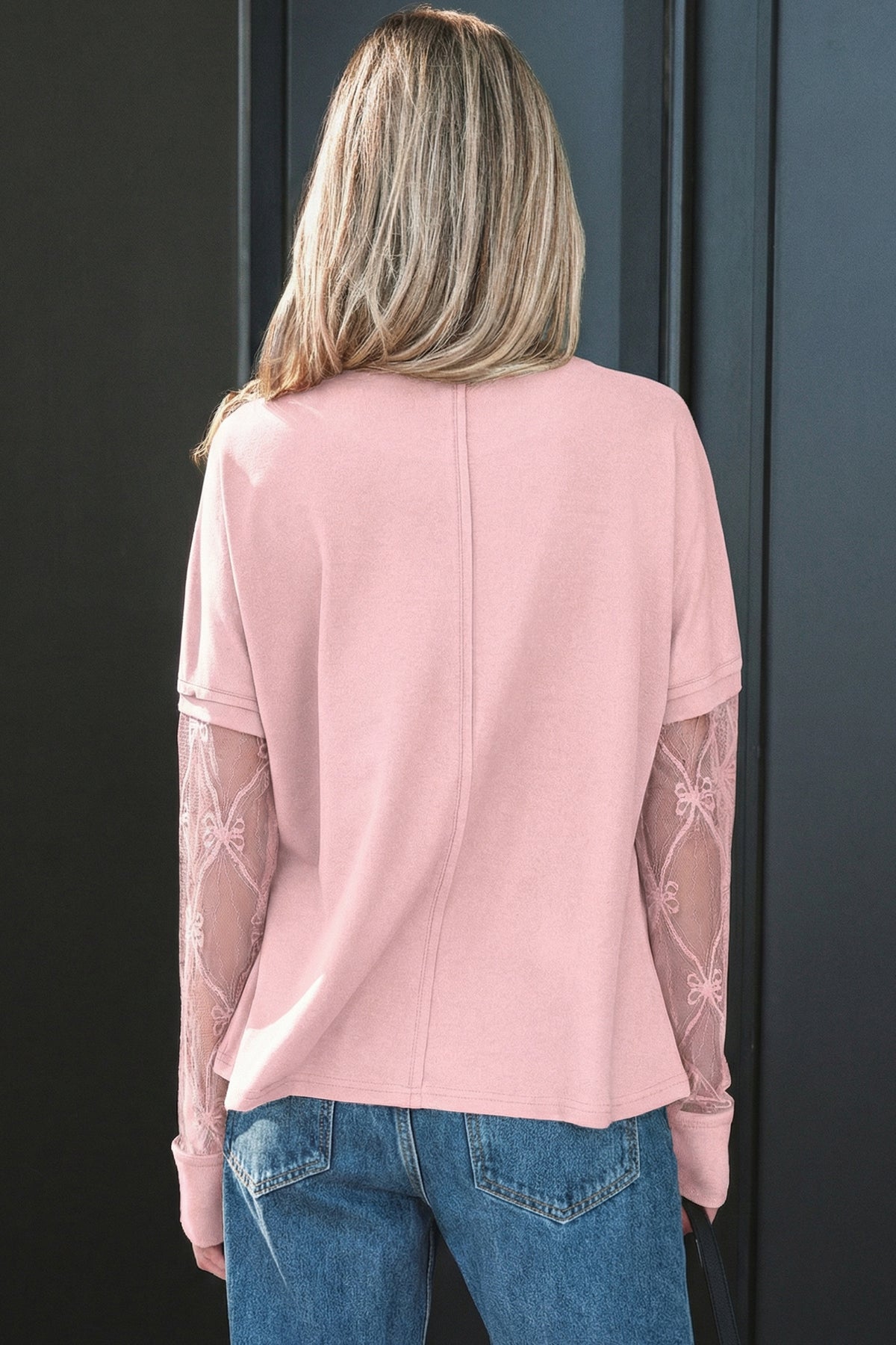 Light Pink Solid Color Bow Textured Patchwork Long Sleeve Tee