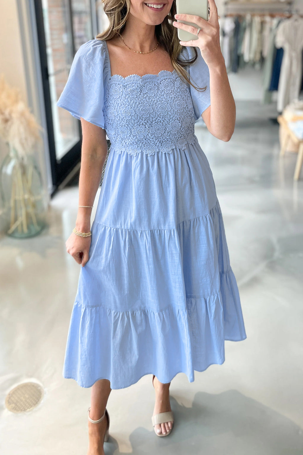 Beau Blue Flowy Short Sleeve Midi Dress