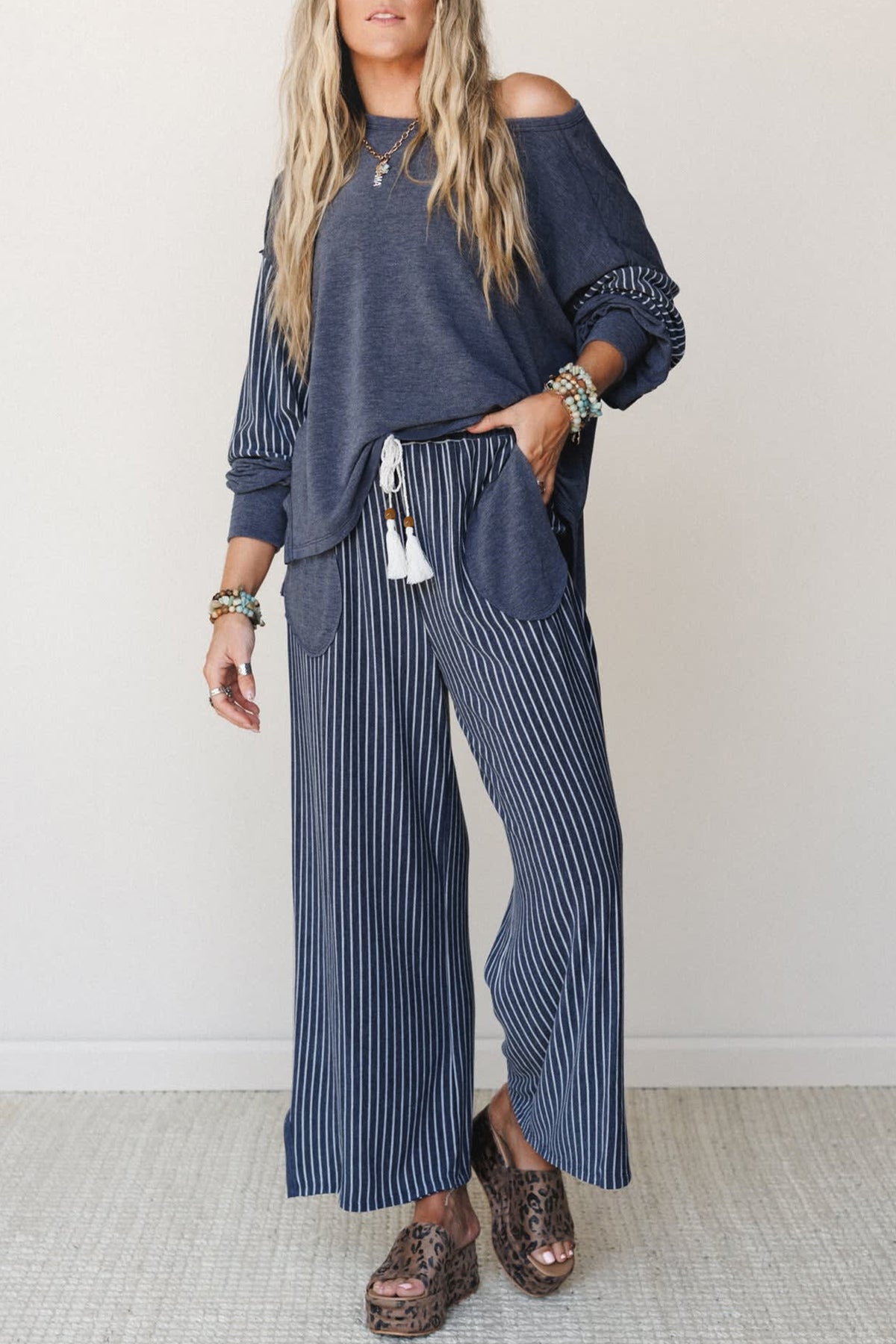 Fushia Raw Seam Long Sleeve Top Pocket Pants Set