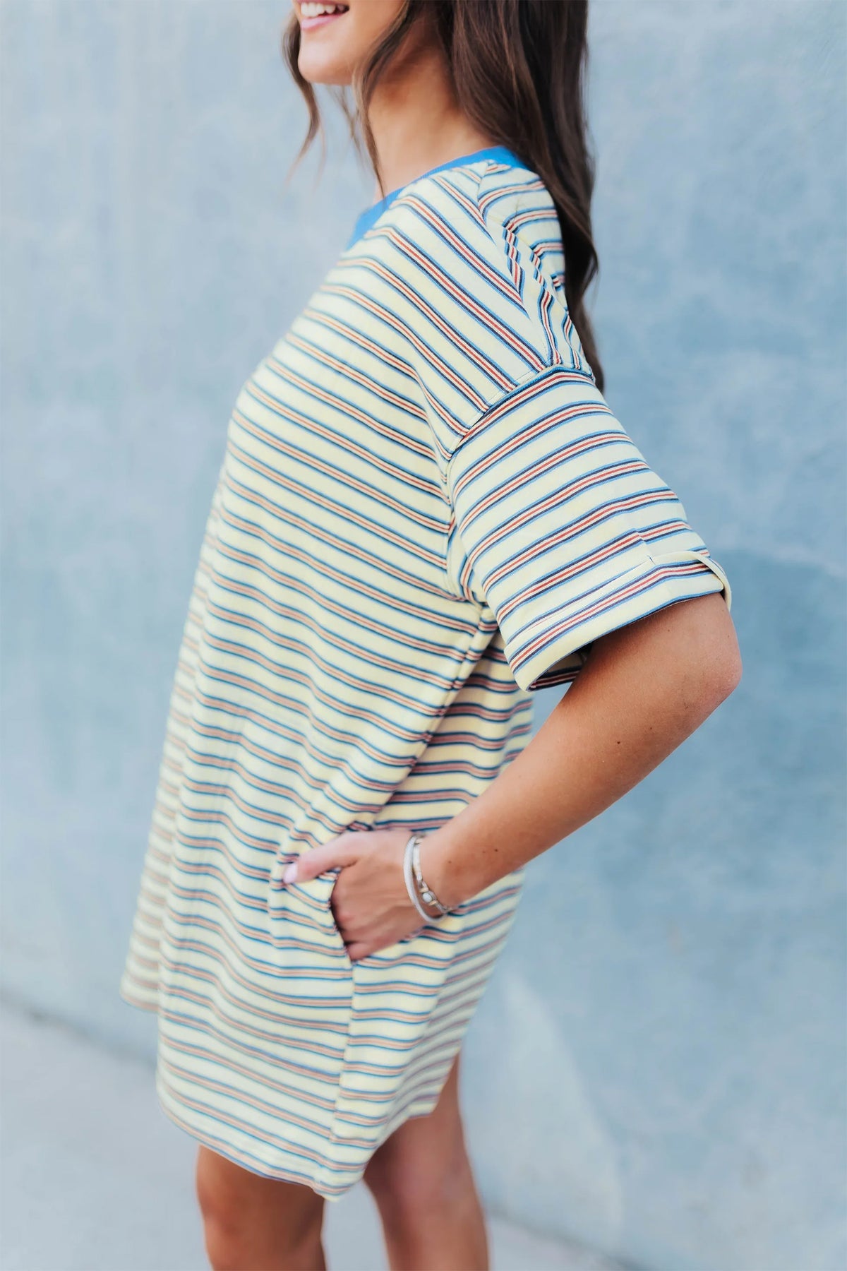 White Stripe Drop Shoulder Cuffed Sleeve Loose Tunic T Shirt Mini Dress