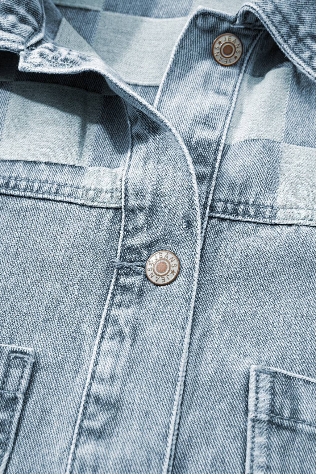 Beau Blue Denim Checkered Pattern Casual Jacket