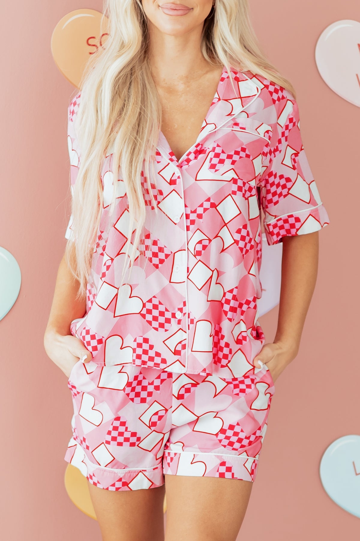 Pink Heart Print Shirt Style Silky Short Pajama Set