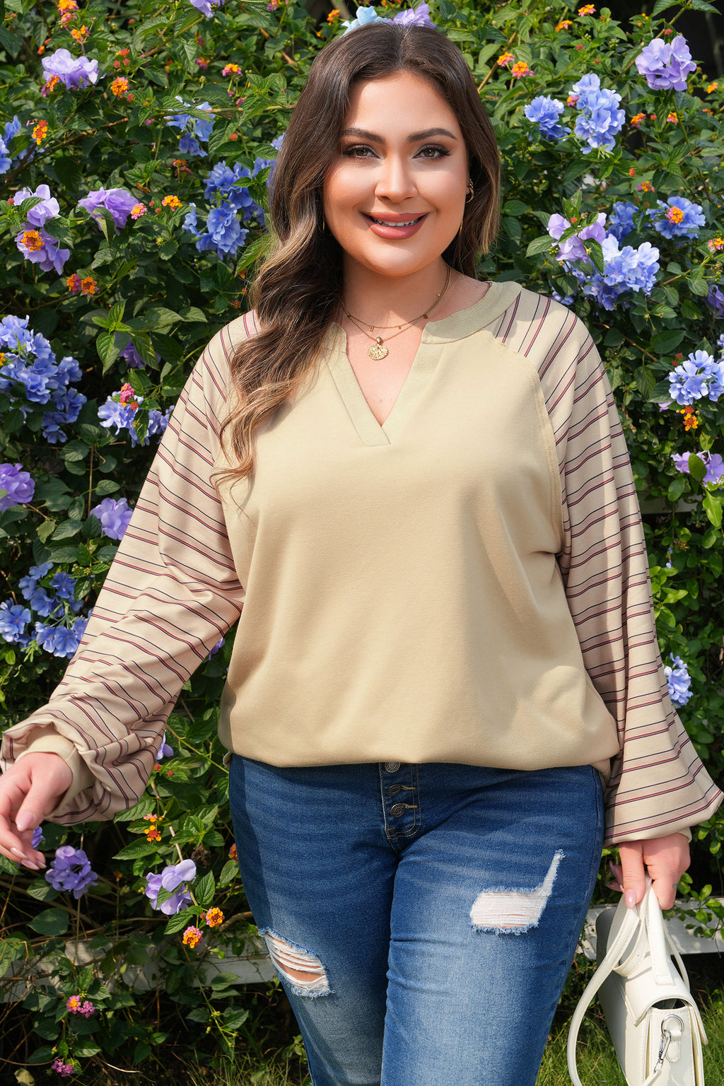 Parchment Striped Raglan Sleeve Notched Neck Raw Edge Plus Size Jumper