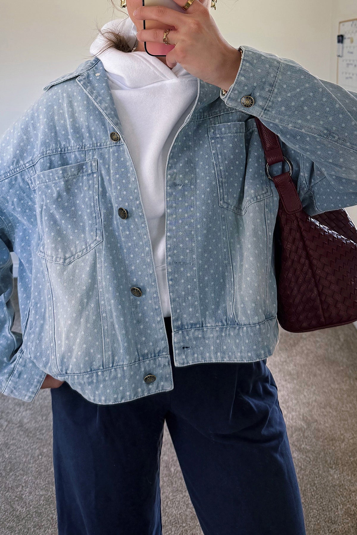 Sky Blue Polka Dot Long Sleeve Denim Jacket