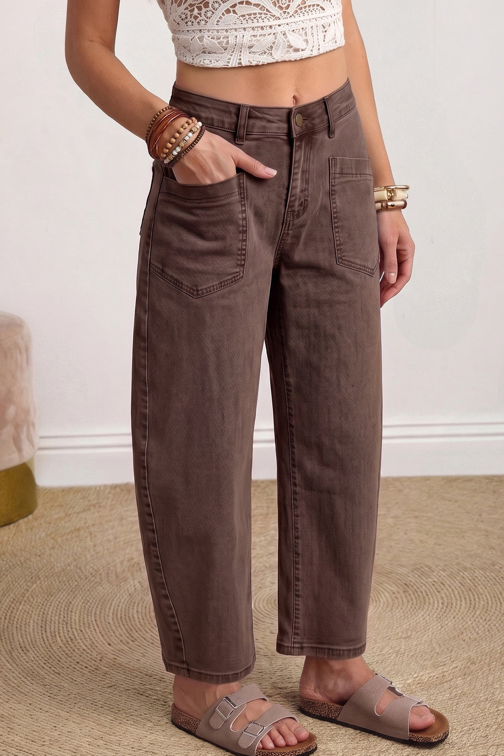 Coffee Solid Color Barrel Jeans