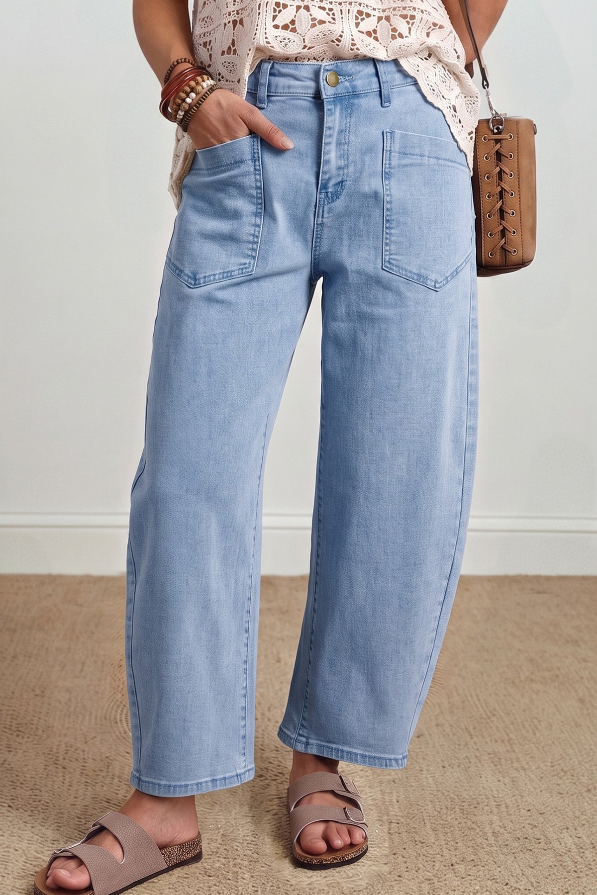 Coffee Solid Color Barrel Jeans