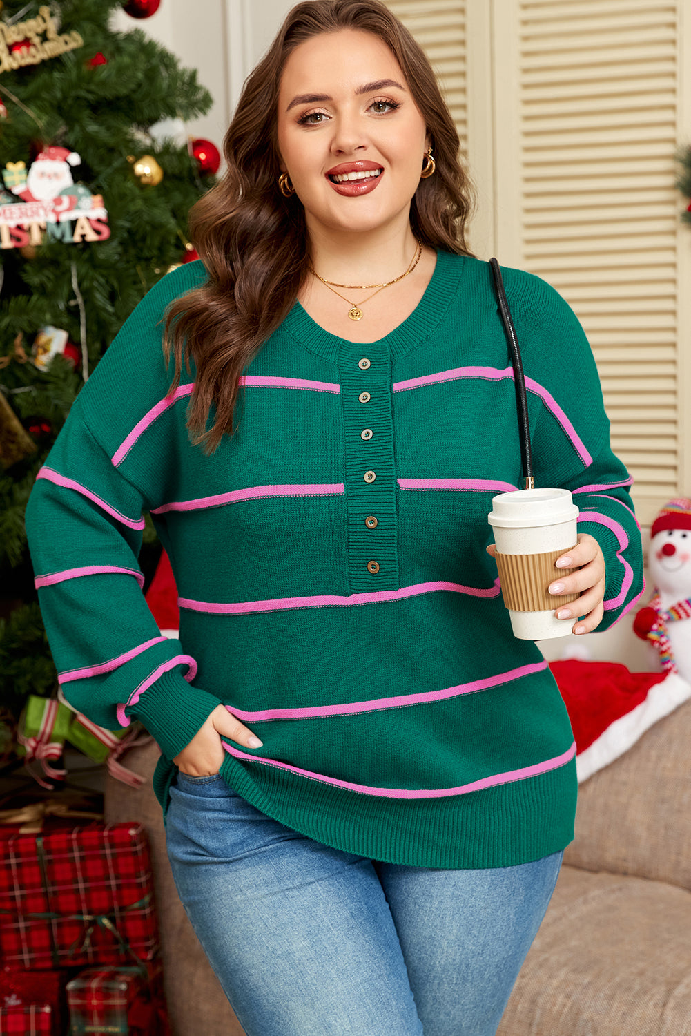 Green Stripe Half Buttons Drop Shoulder Plus Size Sweater