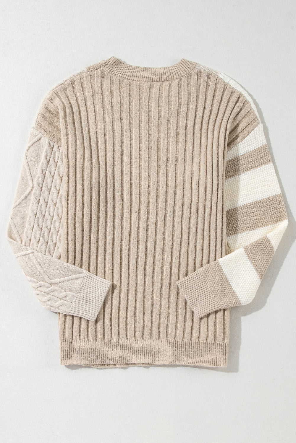 Khaki Cable Knit Colorblock Crew Neck Sweater