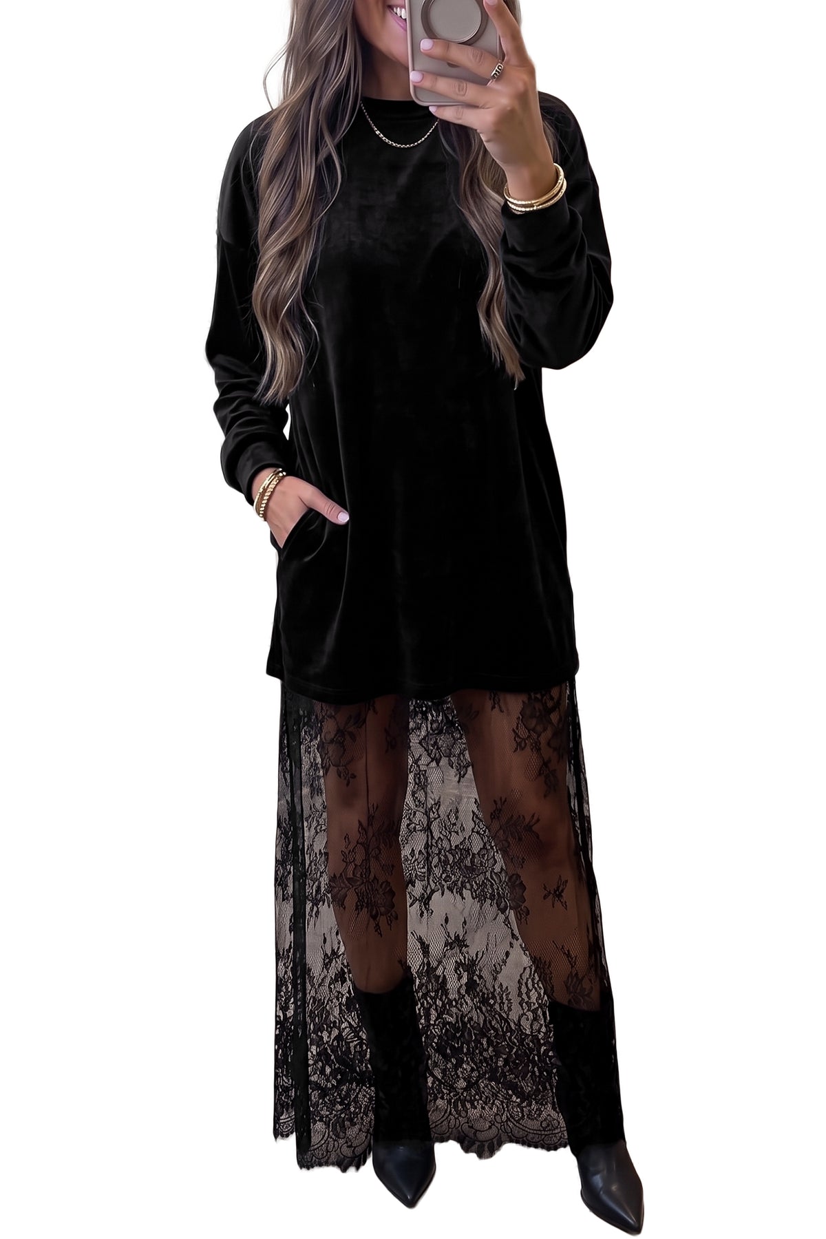 Black Velvet Long Sleeve Maxi Dress