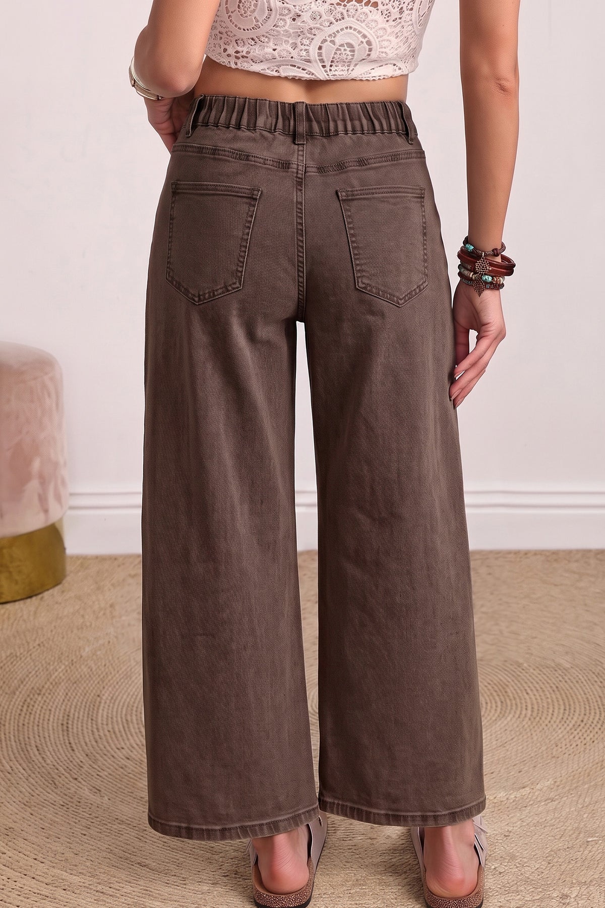 Coffee Solid Color Barrel Jeans
