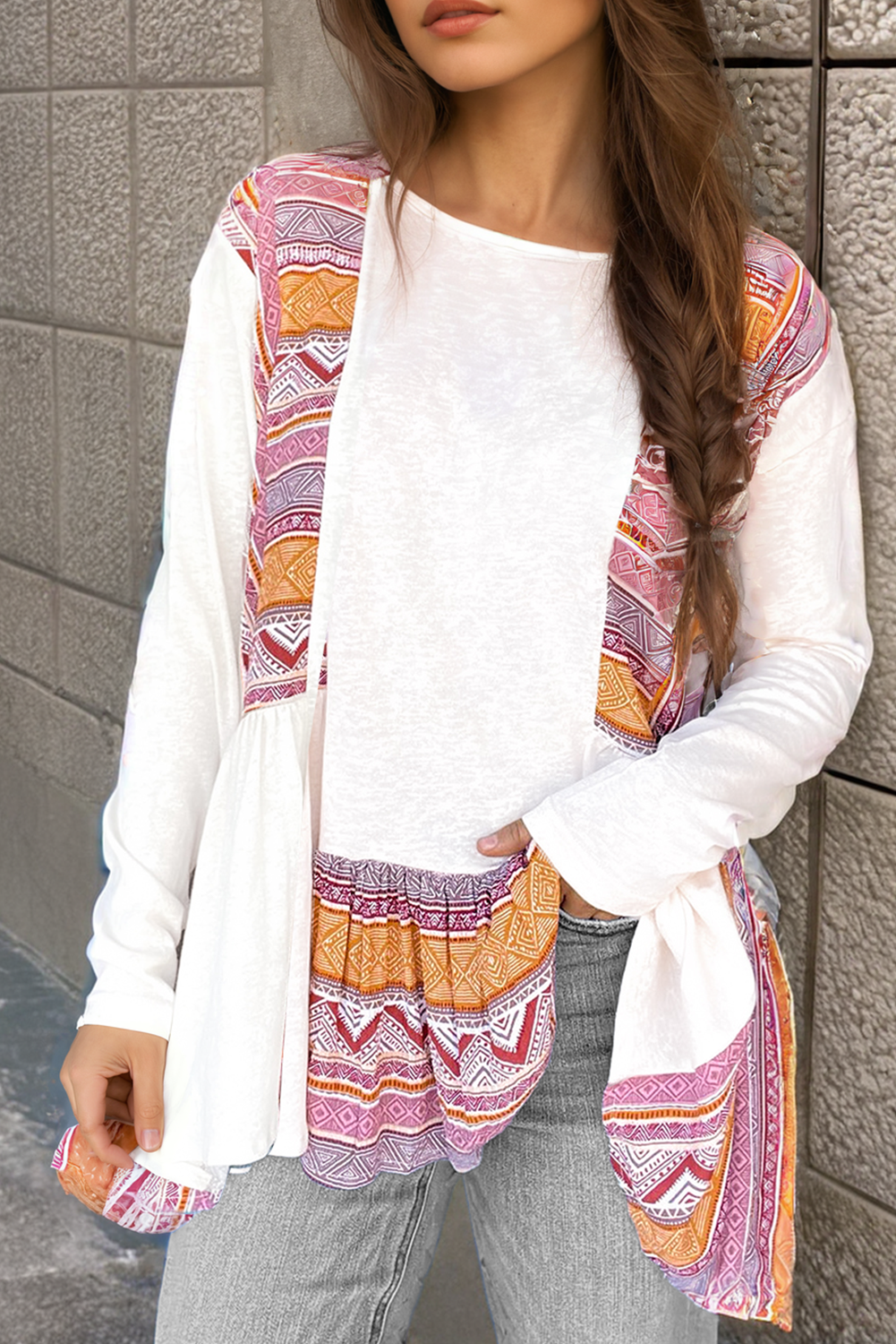White Western Aztec Print Patchwork Babydoll Top